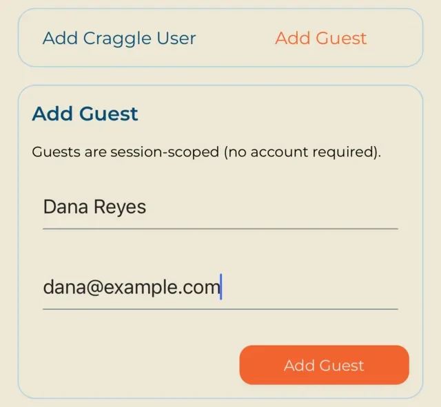 Adding a guest to a session: a note that guests are session-scoped and need no account, a name field filled in with Dana Reyes, an optional email field, and an Add Guest button.