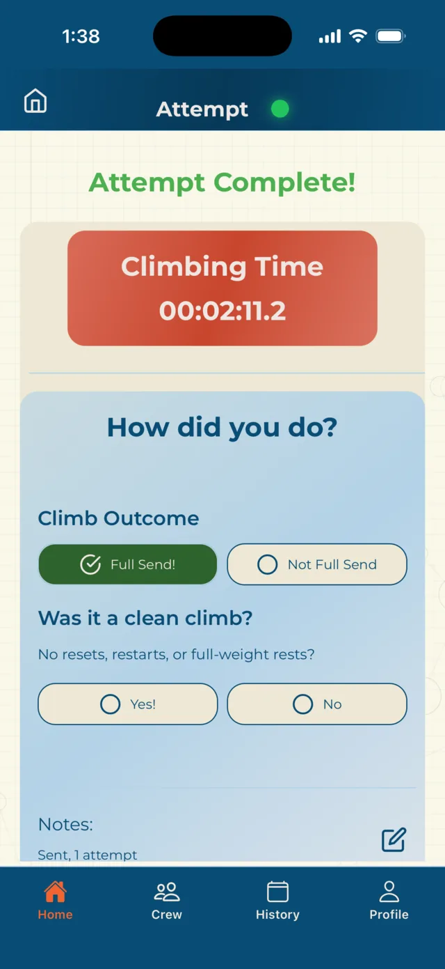 The climb outcome screen after an attempt: climbing time, a Full Send or Not Full Send choice, and a follow-up asking whether it was a clean climb with no resets, restarts or full-weight rests.