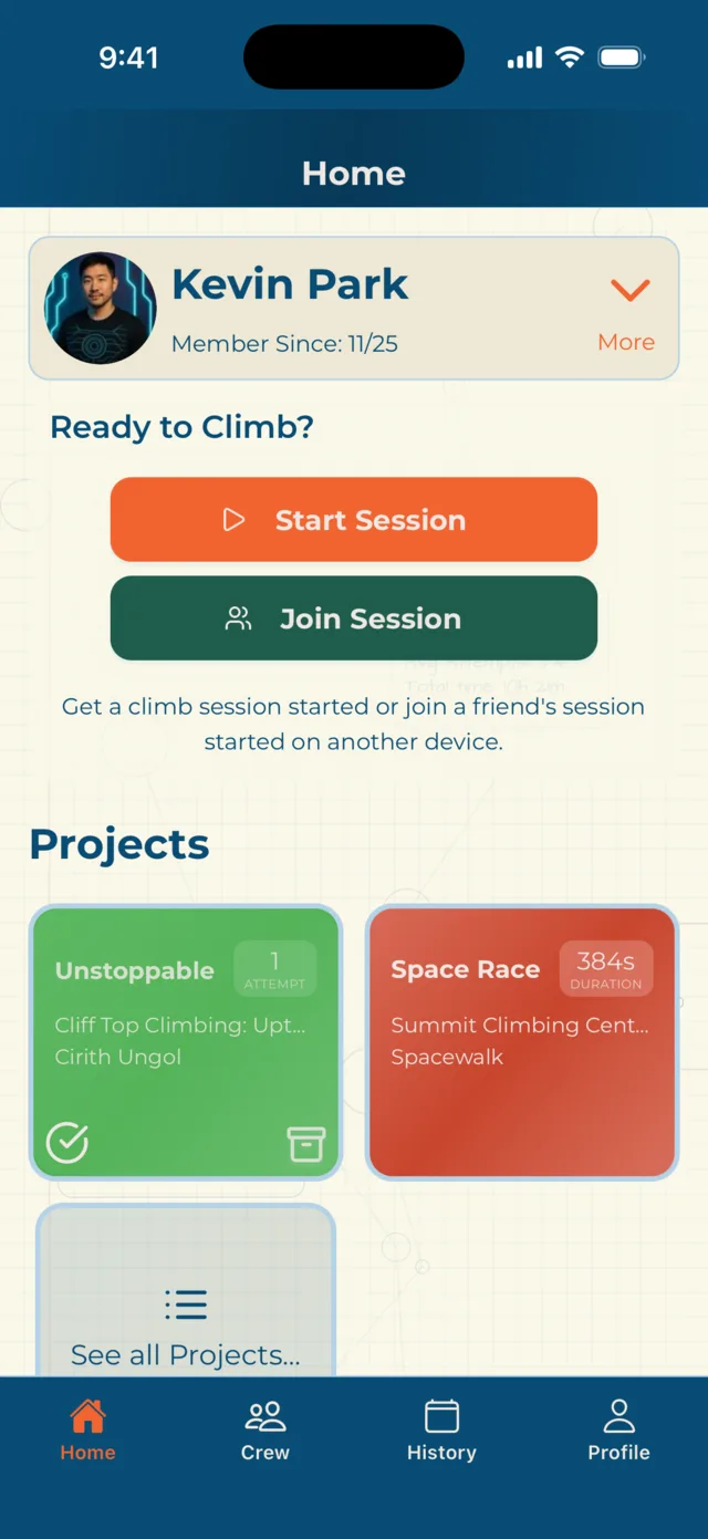 The Craggle home screen: a climber's profile card, a Ready to Climb? prompt with Start Session and Join Session, and a row of project cards below.