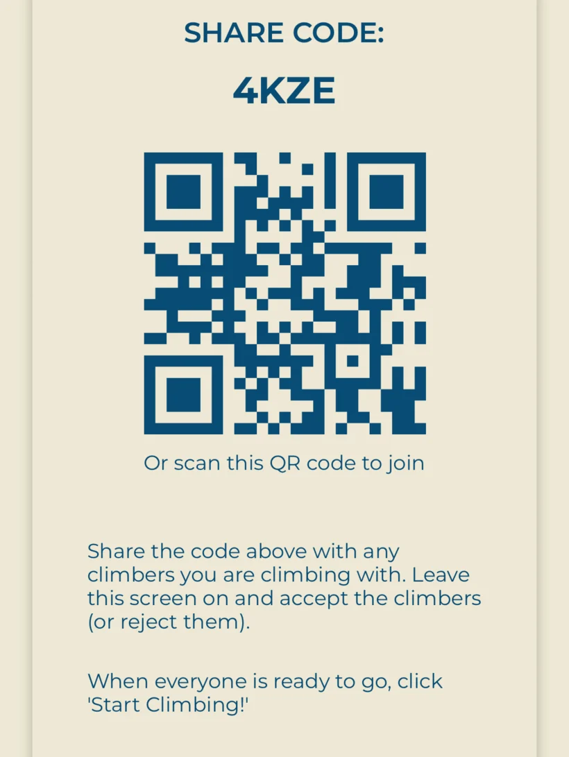 The session owner's invite screen showing the share code 4KZE above a QR code, with instructions to share the code and accept or reject climbers as they join.