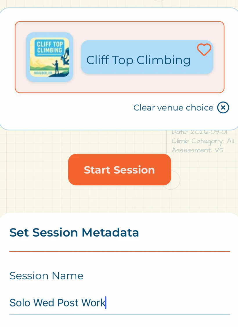 Starting a session: the venue Cliff Top Climbing selected, a Start Session button, and a panel for the session name.