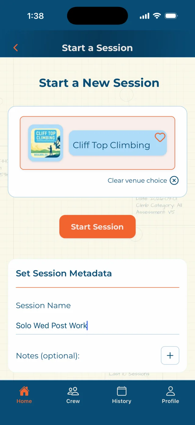 Starting a session: the venue Cliff Top Climbing selected with its logo, a Start Session button, and a panel with the session name filled in.