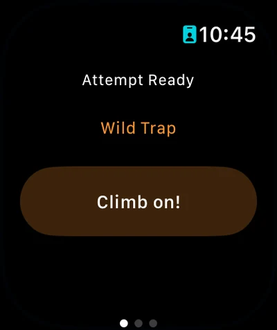 An Apple Watch showing Attempt Ready for the route Wild Trap, with a Climb on! button — the route was chosen on the phone and pushed to the wrist.