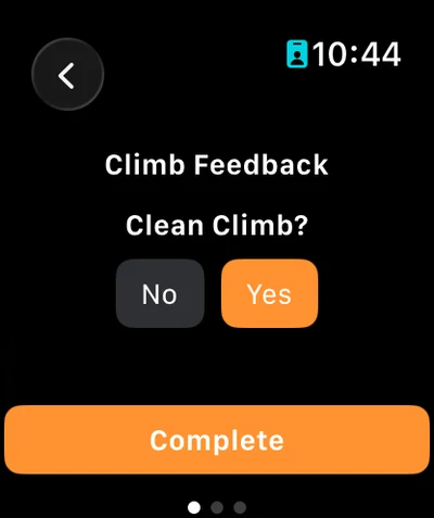 An Apple Watch asking Clean Climb? with Yes selected, and a Complete button.